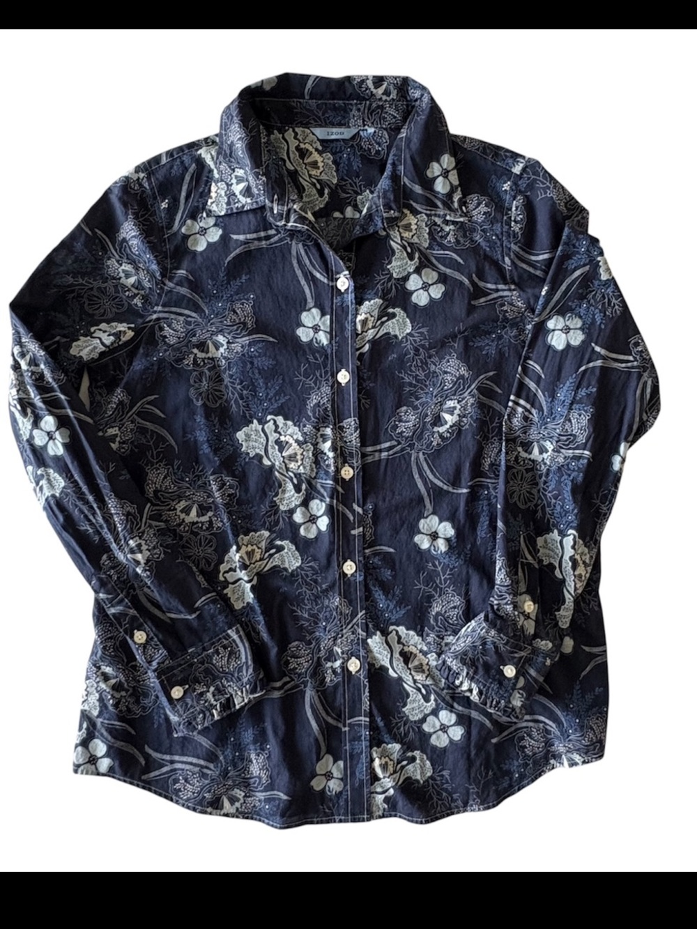 Vintage Y2K Womens Izod 100% Cotton Navy Floral Button Down Shirt Coastal Preppy
